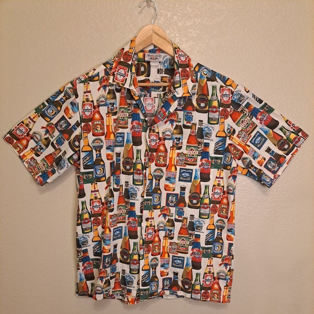 Hawaiian Size L Pacific Legend Men's Beer Bottles Button Up Shirt  Aloha  Cotton